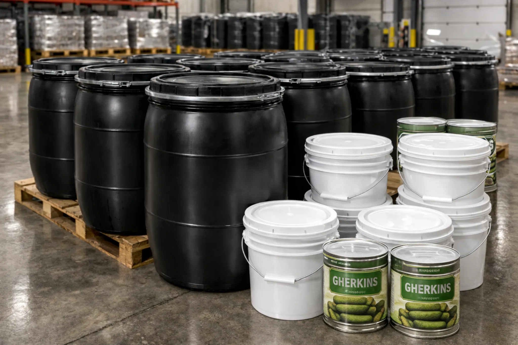 AthiTerra bulk gherkin packaging in food-grade drums