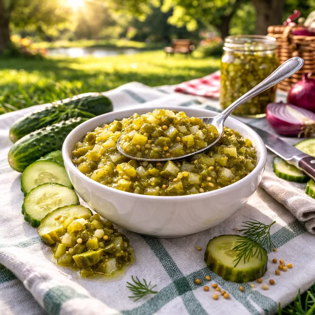 Gherkin relish with balanced sweet and tangy flavor